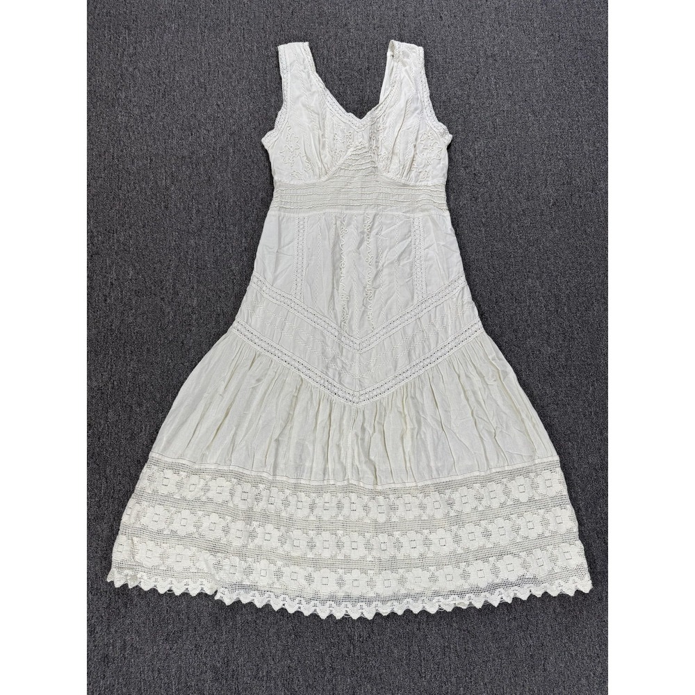 Scully Dress Womens Medium White Cotton Crochet Lace Smocked Boho Western